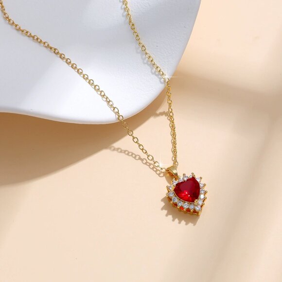 Gold Necklace with Red Heart Pendant - Picture 3 of 4